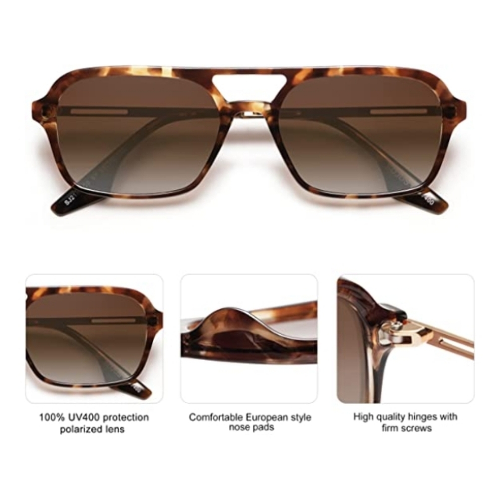 Tortoise Brown Vintage Polarized Sunglasses 70s Retro Flat Narraw Rectangular - Picture 2 of 4